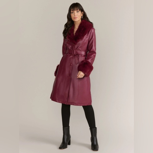 Azalea Wang Marbolo trench coat faux fur PU buttons shawl collar cuffs burgundy - Picture 3 of 12